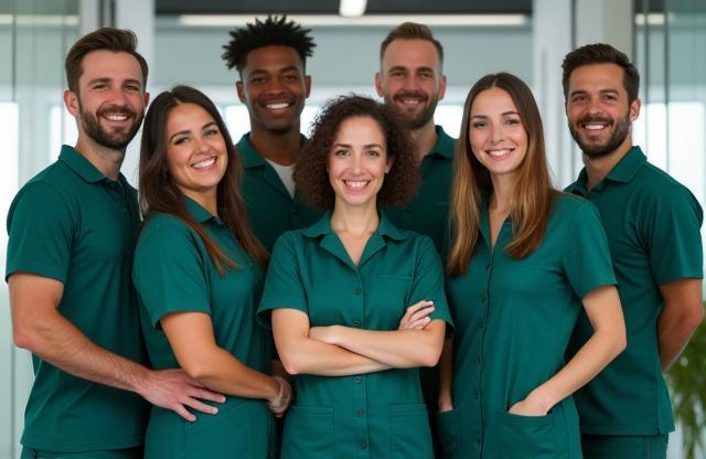 Holland Fresh Services cleaning team smiling in a clean office environment in Rotterdam.